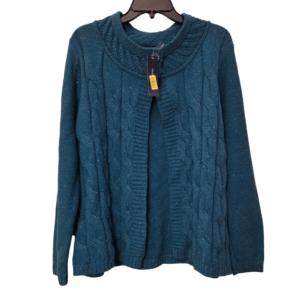 Westbound Womens Blue Turquoise Cable Knit Button Cardigan Sweater Large NWT
